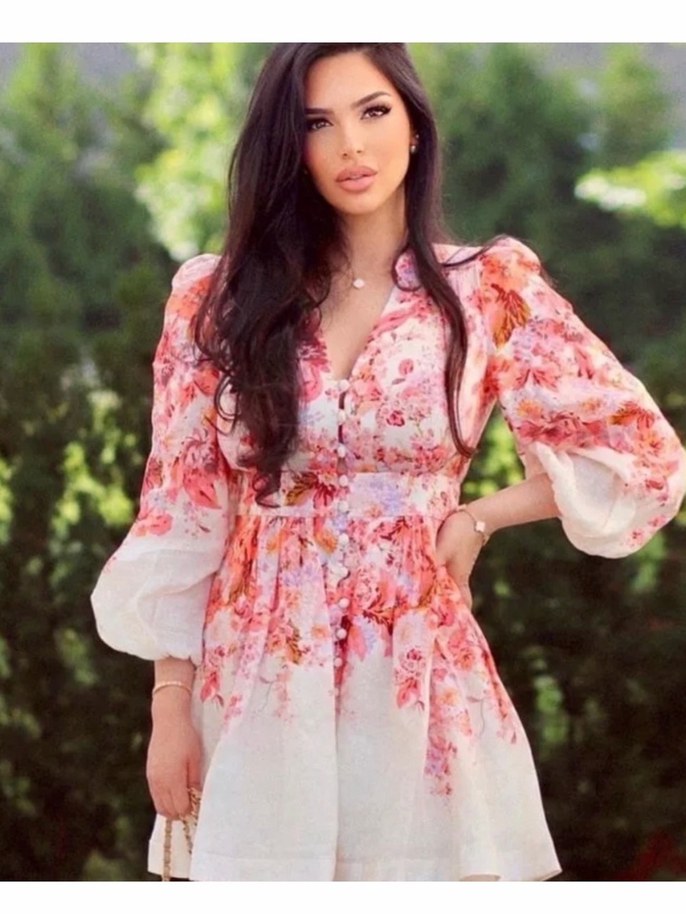 Zimmermann Devi Plunge Mini Dress Cream Floral Puff Sleeve Mini Size 1/US Small - Picture 5 of 12